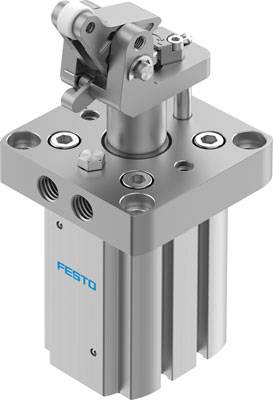 Cylindre de Festo, un composant pneumatique en métal avec plusieurs raccords et vis de fixation.