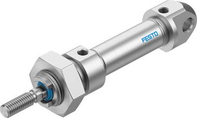 Un vérin pneumatique en métal portant l'inscription 'Festo', avec un goujon fileté visible pour les connexions.