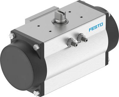 Actionneur pneumatique de Festo, cylindrique, de couleur argent avec des capuchons d'extrémité noirs, deux raccordements visibles sur le dessus.