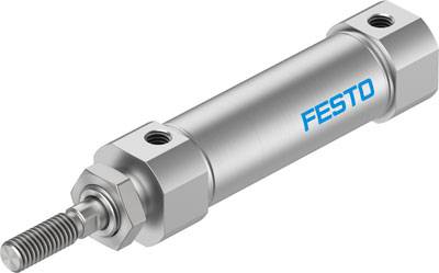 Un vérin pneumatique cylindrique à deux orifices de raccordement portant le nom de marque 'Festo' en bleu sur le côté.