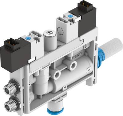 Vanne pneumatique à deux raccordements et composants de commande électriques, principalement utilisée dans les techniques d'automatisation.