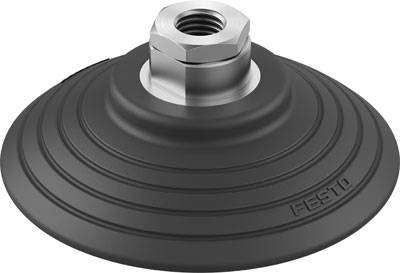 Ventouse noir avec raccord métallique argenté, marqué 'Festo', adapté pour soulever des surfaces lisses.
