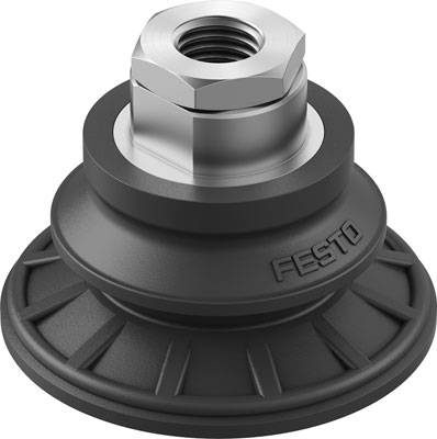 Ventouse à vide Festo avec raccordement fileté. Ronde, noir et gris, en plastique et métal. Utilisée dans des systèmes automatisés.