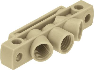 Pièce en plastique avec plusieurs ouvertures cylindriques et trous filetés, probablement un raccord ou un adaptateur.