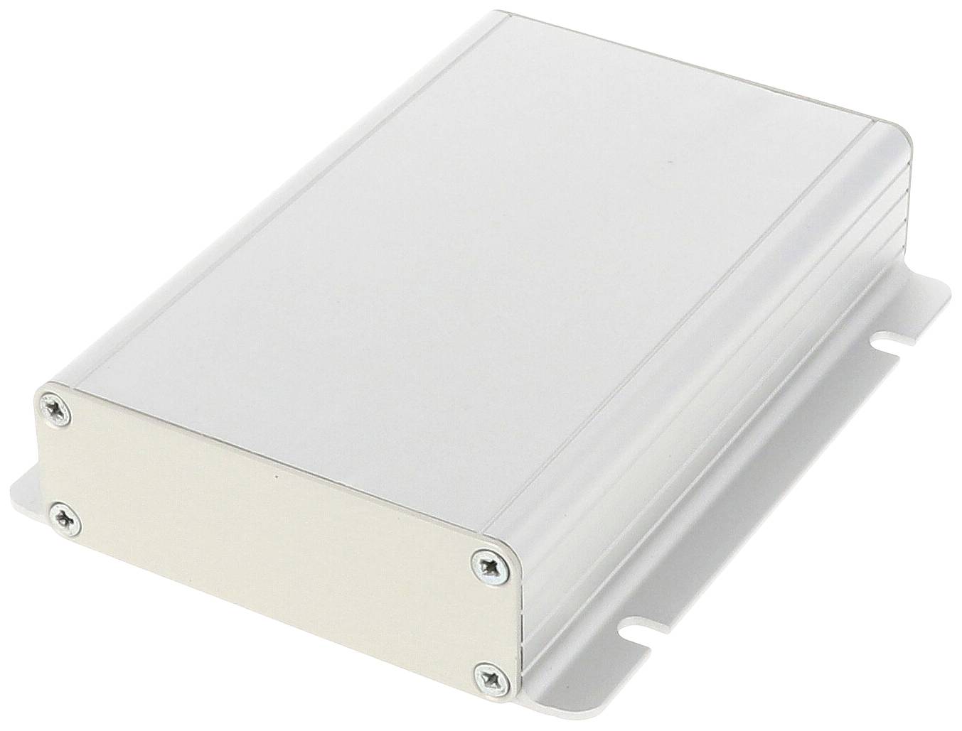 Boîtier métallique aux angles arrondis et avec des trous de fixation sur les côtés, adapté pour le montage de dispositifs électroniques.