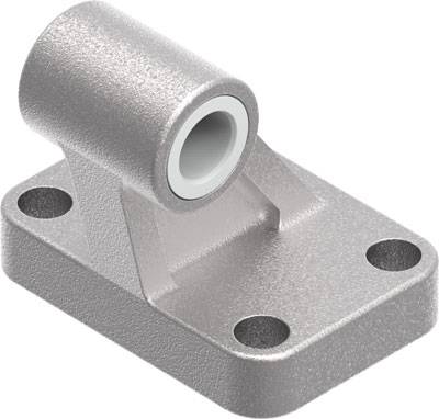 Support métallique avec quatre trous de fixation et un raccordement cylindrique de tube sur une base rectangulaire.