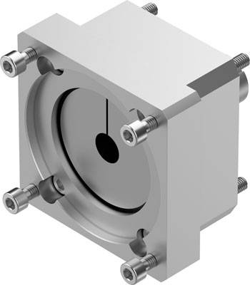 Un cube métallique muni de vis aux angles et doté d'une découpe circulaire en son centre, ressemblant à un moule de coulée.