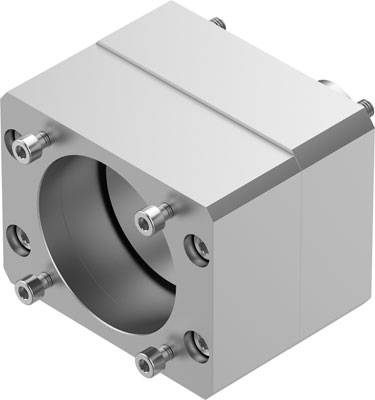 Pièce mécanique couleur argent avec un alésage cylindrique, fixée par six vis, probablement un boîtier de roulement.