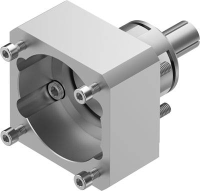 Une pièce de précision métallique avec quatre vis aux coins et un élément cylindrique central, utilisée dans des applications de construction mécanique.