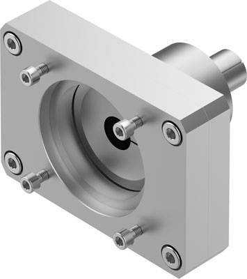 Pièce mécanique métallique avec quatre vis dans les coins, raccord cylindrique et évidement circulaire au centre.