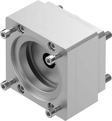 Un bloc métallique rectangulaire avec une ouverture centrale circulaire, entouré de six vis de fixation.