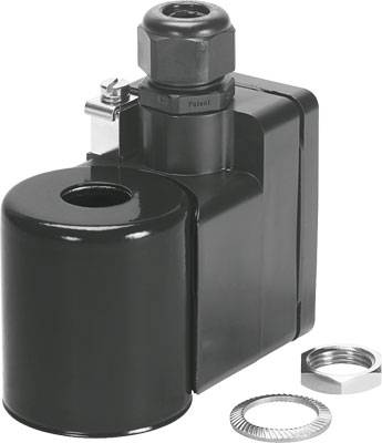 Électro-aimant noir avec deux pièces de connexion métalliques, un capuchon fileté en haut et une base carrée.