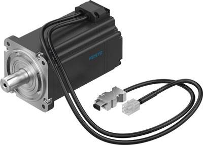 Un moteur électrique noir de Festo avec des câbles et des connecteurs, adapté aux applications industrielles ou à l'exploitation de machines.