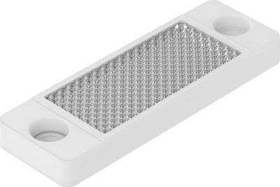 Réflecteur rectangulaire en plastique avec deux trous de montage ronds à chaque extrémité. Surface pourvue de motifs réfléchissants.