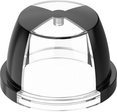 Un couvercle en plastique noir et transparent avec une ouverture en croix sur le dessus, probablement pour un gobelet ou un récipient.