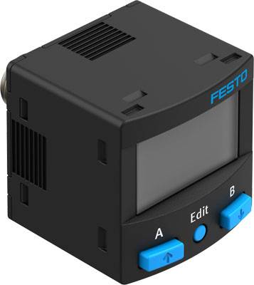 Appareil électronique avec un petit écran et trois touches bleues : 'A', 'Edit', 'B'. Nom de marque 'Festo' en haut à droite.
