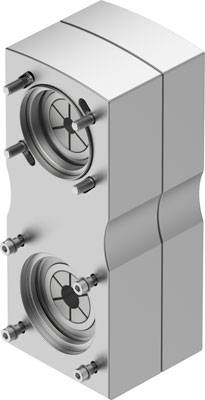 Pièce technique tridimensionnelle grise avec deux ouvertures circulaires en creux et plusieurs vis en saillie sur sa surface.