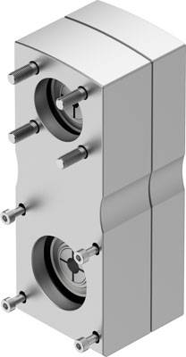 Composant mécanique métallique avec plusieurs boulons et deux ouvertures circulaires, représenté dans une vue isométrique.