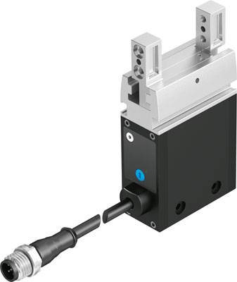 Pince pneumatique linéaire avec boîtier noir et mâchoires argentées, reliée par un câble. Utilisée pour l'automatisation industrielle.