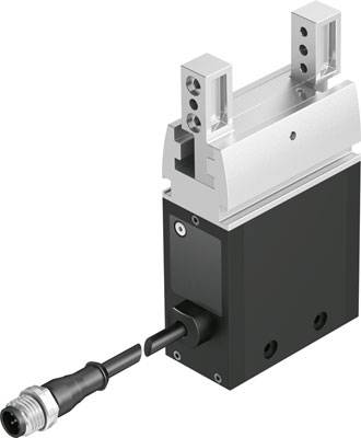 Composant de robot industriel : Une pince électrique avec un boîtier noir et des pinces métalliques, reliées par un câble.