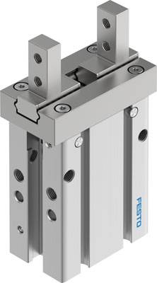 Préhenseur pneumatique de Festo avec deux pinces parallèles pour la manipulation d'objets dans le domaine de l'automatisation industrielle.