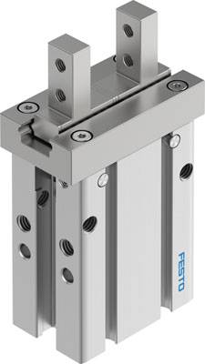 Dispositif de préhension pneumatique en métal de Festo, avec deux mâchoires parallèles, utilisé dans les techniques d'automatisation.