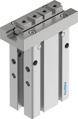 Un vérin pneumatique avec plusieurs vis et trous de fixation. Marqué 'FESTO' sur le côté.