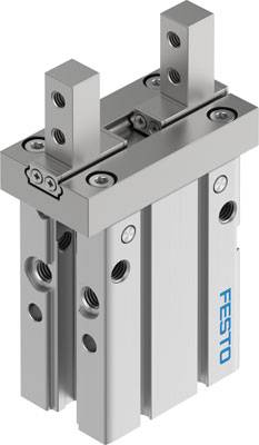 Un préhenseur pneumatique FESTO en métal, doté de deux mâchoires parallèles ; adapté aux applications d'automatisation.