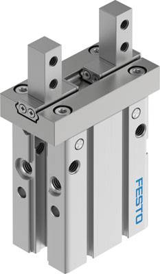 Préhenseur pneumatique à deux axes de Festo, représentation d'une construction métallique argentée avec deux bras de préhension.