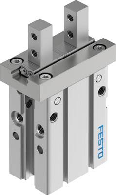 Un préhenseur parallèle pneumatique de Festo à deux mâchoires, de couleur argentée, de conception industrielle, adapté à l'automatisation.