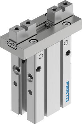 Un chariot en métal avec deux tiges parallèles. La marque 'Festo' est visible sur le côté. Principalement utilisé dans les machines industrielles.