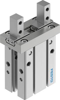 Pince pneumatique de Festo avec deux bras guidés en parallèle, adaptée pour la préhension et le maintien précis de pièces dans l'automatisation.