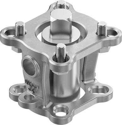 Pièce mécanique métallique à corps cylindrique et quatre boulons de fixation. Adaptée aux applications industrielles.
