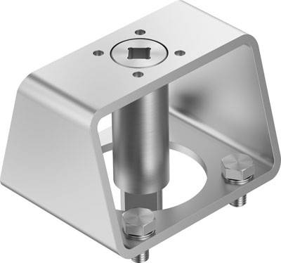 Support métallique avec évidement central, deux vis de fixation à la base, cavité cylindrique en haut.