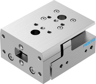 Un composant mécanique rectangulaire en argent avec plusieurs trous de vis et une inscription bleue 'FESTO' sur le côté.