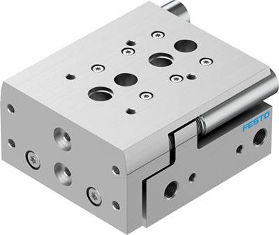 Composant pneumatique argenté avec plusieurs trous et vis, fabriqué par Festo.