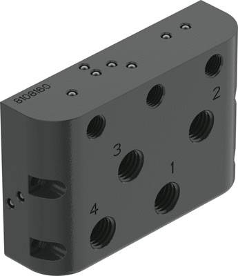 Bloc métallique : Rectangulaire avec plusieurs perçages numérotés et filetages, inscription en haut à gauche. Fonction indéterminée, composant technique.
