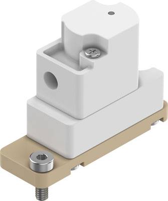 Un connecteur électronique blanc rectangulaire avec deux vis est monté sur une base beige. Le connecteur présente un trou et un angle biseauté.