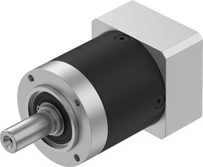 Moteur à engrenages compact avec arbre cylindrique ; boîtier noir avec détails argentés, destiné à être utilisé dans des applications mécaniques.