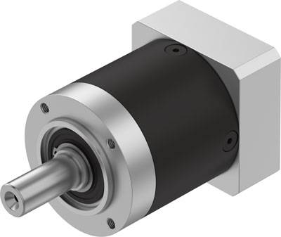 Un moteur réducteur cylindrique noir et argenté avec un arbre de sortie, illustrant des détails techniques et un design précis.