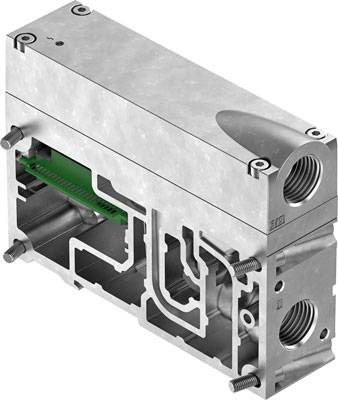 Coupe transversale d'un bloc de soupapes métallique avec vue intérieure des canaux de soupapes et des vis de fixation, montrant les détails mécaniques.