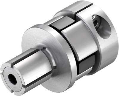 Mécanisme de couplage métallique en acier, de forme cylindrique avec connexion par emboîtement et trou fileté, destiné à la transmission de puissance.