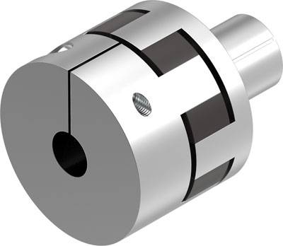 Accouplement métallique de forme cylindrique avec fixation par vis. Utilisé pour connecter deux arbres dans des machines industrielles.