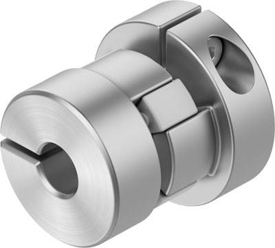 Accouplement métallique de forme cylindrique avec fente d'insertion, adapté aux connexions mécaniques.