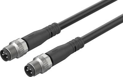 Deux câbles noirs avec des connecteurs à leurs extrémités, adaptés aux applications industrielles ou à la connexion d'appareils.
