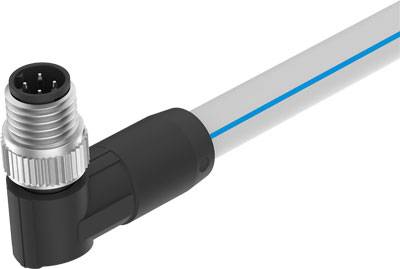 Connecteur coudé M8 avec boîtier noir et filetage métallique, relié à un câble gris comportant une bande bleue.