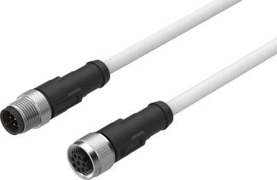 Deux câbles blancs avec des fiches et des prises rondes multibroches. Adaptés aux connexions industrielles ou électroniques.