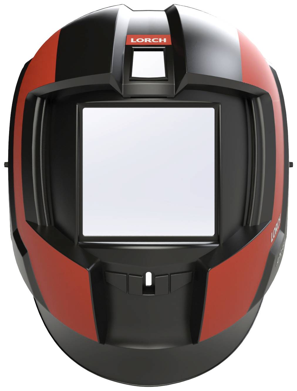 Casque de soudage en noir et rouge avec fenêtre de vision rectangulaire et logo de marque en haut.
