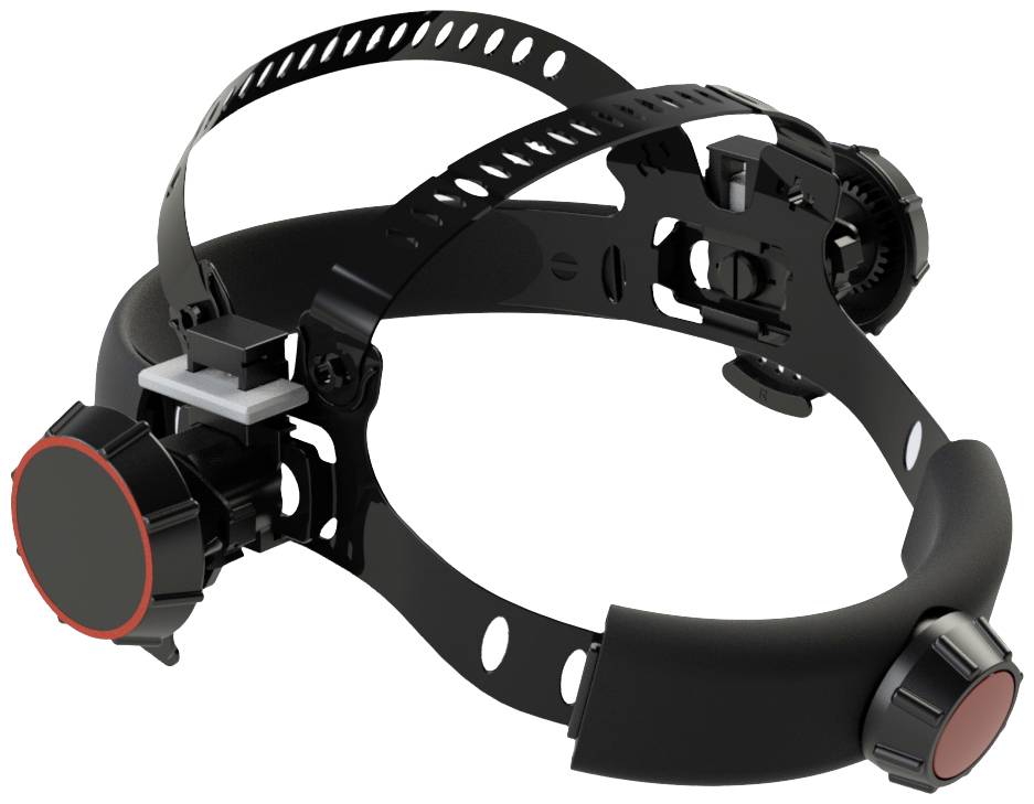 Un bandeau noir avec des boutons rouges, des sangles réglables et des rembourrages, probablement destiné à être fixé sur un casque.