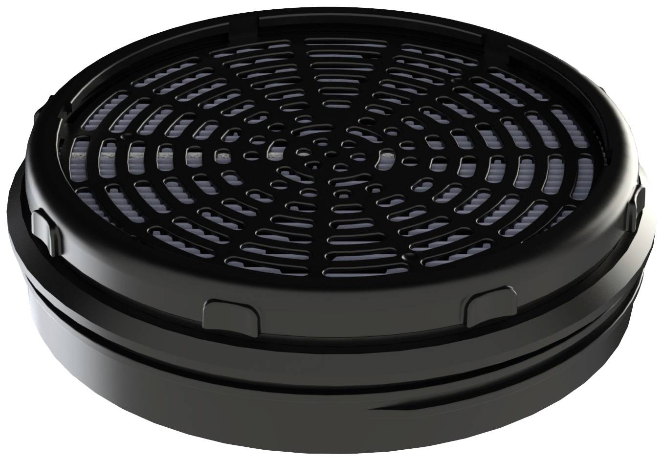 Couvercle noir rond avec motif de grille, probablement destiné à un conteneur ou à des fins de ventilation.